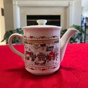 Vintage Russ Berrie Tea/Coffee Pot Christmas Village Sleigh Winter
